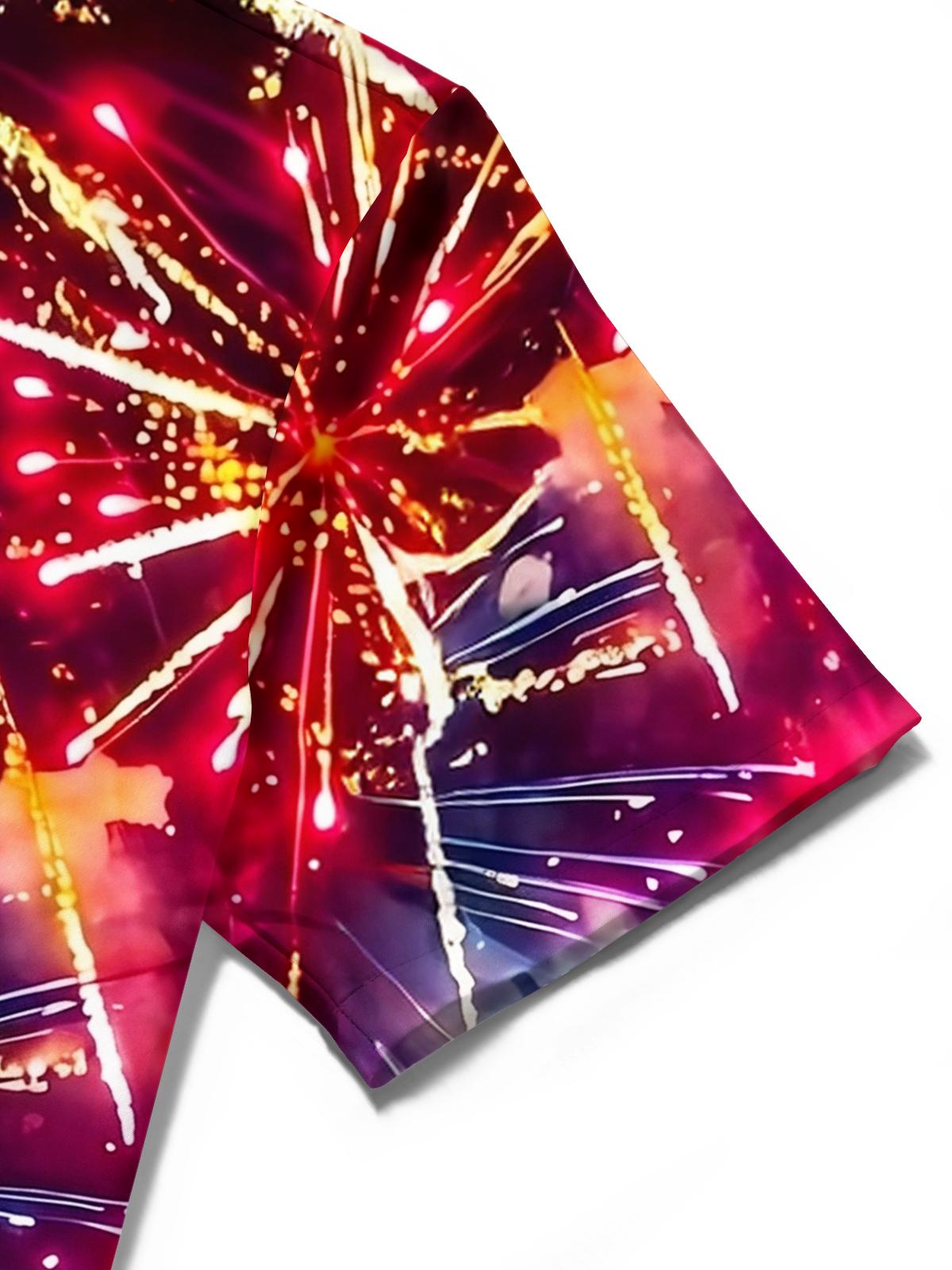 America Independence Day Colorful Fireworks Flag Men's Pocket Short Sleeve Shirts