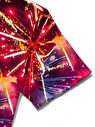 America Independence Day Colorful Fireworks Flag Men's Pocket Short Sleeve Shirts