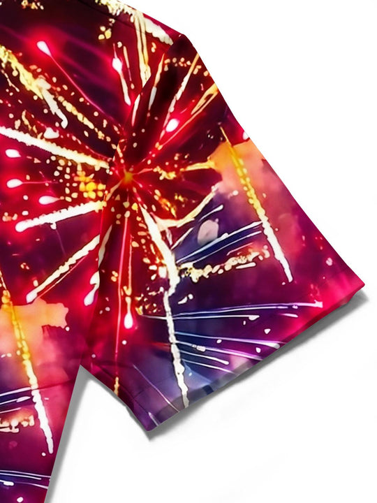 America Independence Day Colorful Fireworks Flag Men's Pocket Short Sleeve Shirts