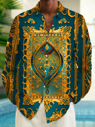 Men's golden floral long sleeve shirt front view