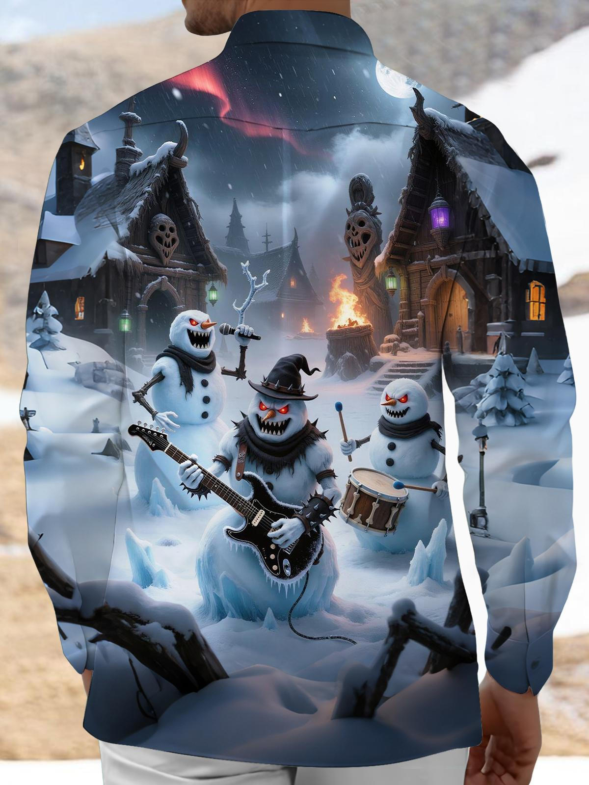 Winter Rock Snowman Print Men's Pocket Long Sleeve Shirts