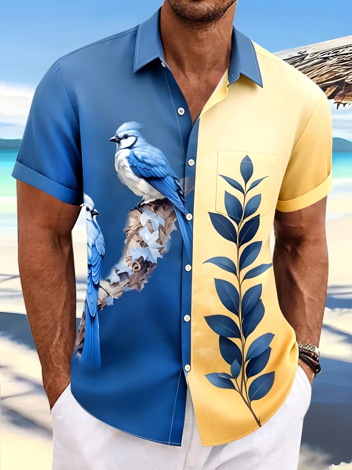 Men's short sleeve pocket shirt with bird leaf pattern front view