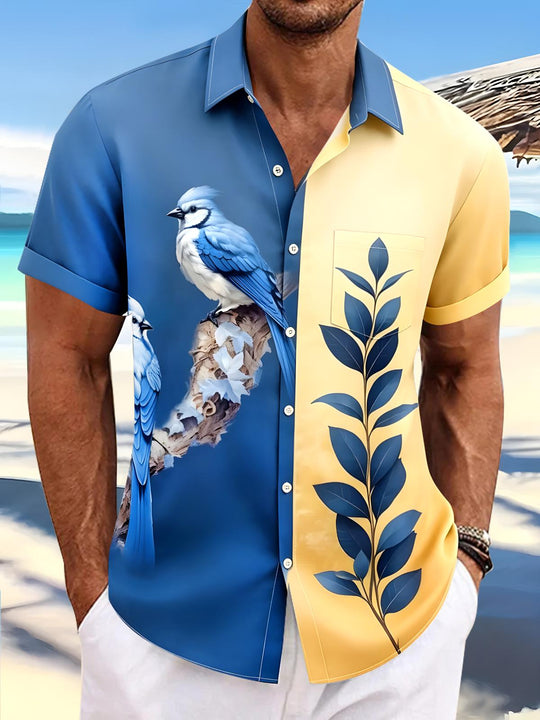 Men's short sleeve pocket shirt with bird leaf pattern front view