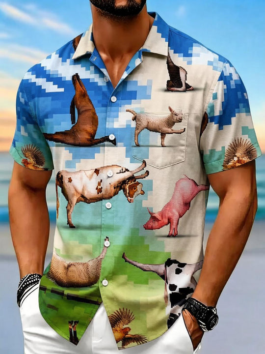 Fun Pixel Farm Animals Men's Pocket Short Sleeve Shirts