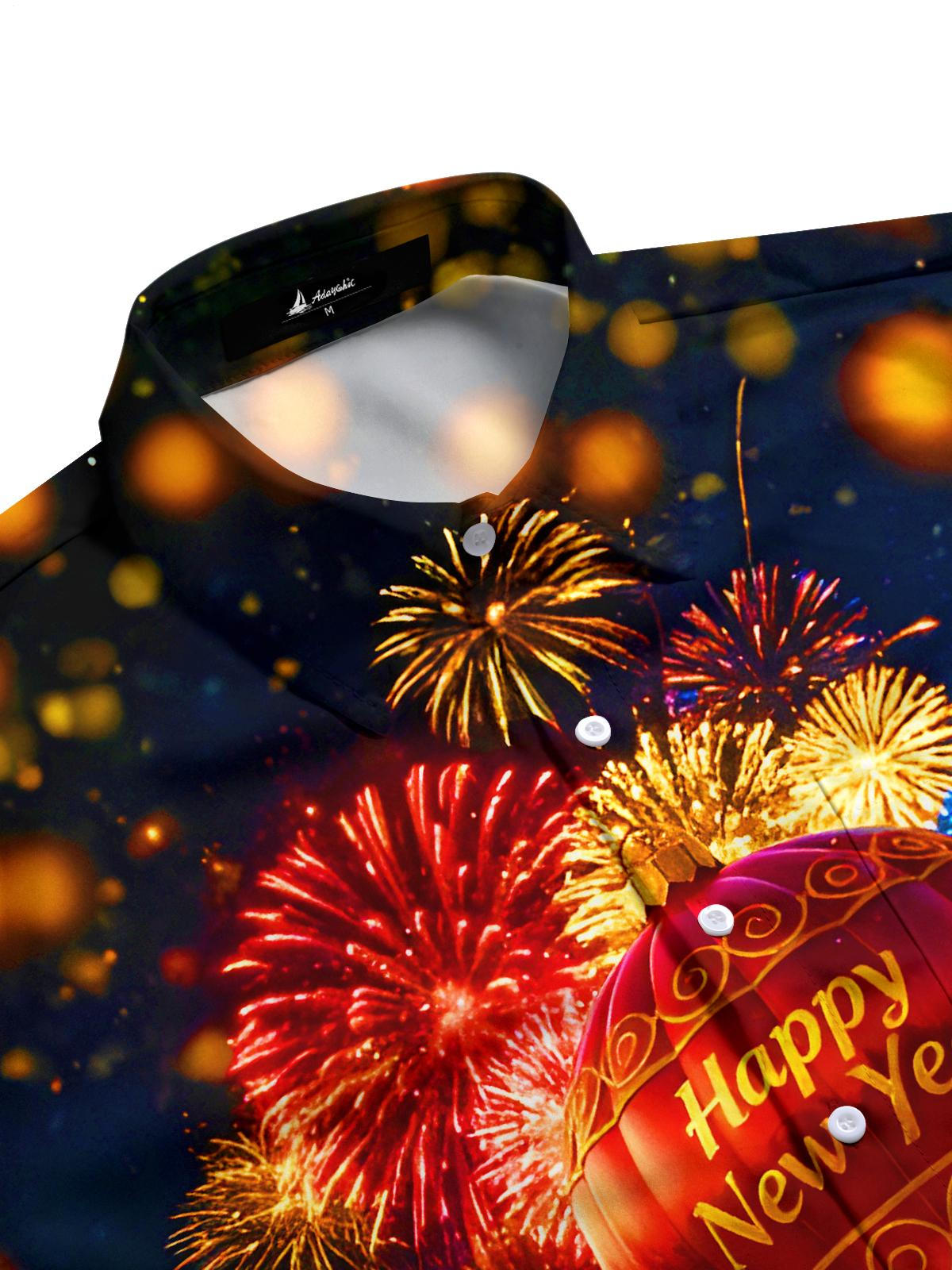 Festive New Year Hot Air Balloons Fireworks Men's Pocket Short Sleeve Shirts