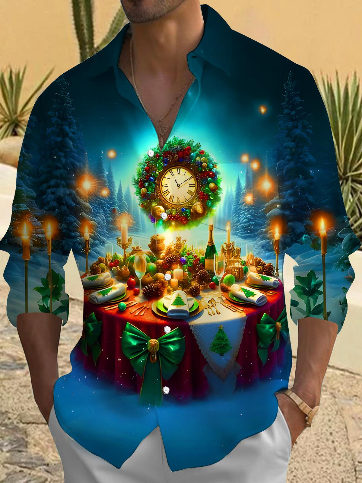 Celebrations Candlelight Dinner Clock Christmas Trees Xmas Men's Pocket Long Sleeve Shirts