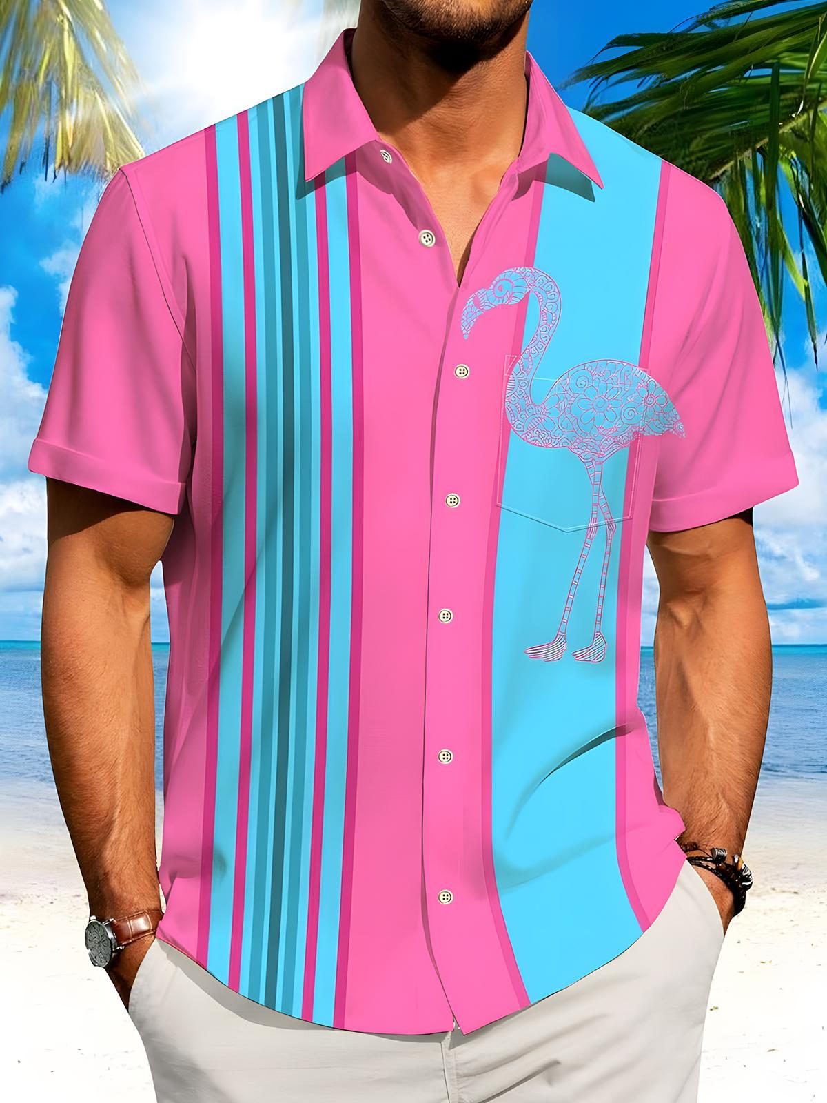 Hawaiian Flamingo Stripe Print Men's Pocket Short Sleeve Shirts