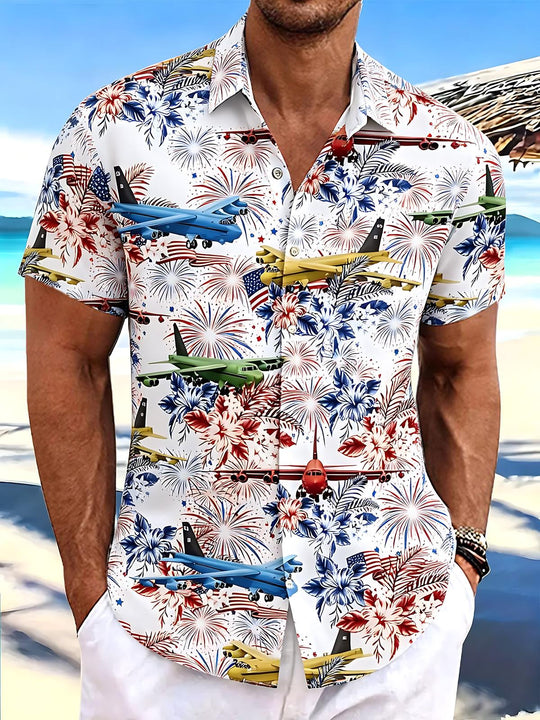 Independence Day American Flag Plane Flowers Print Men's Pocket Short Sleeve Shirts