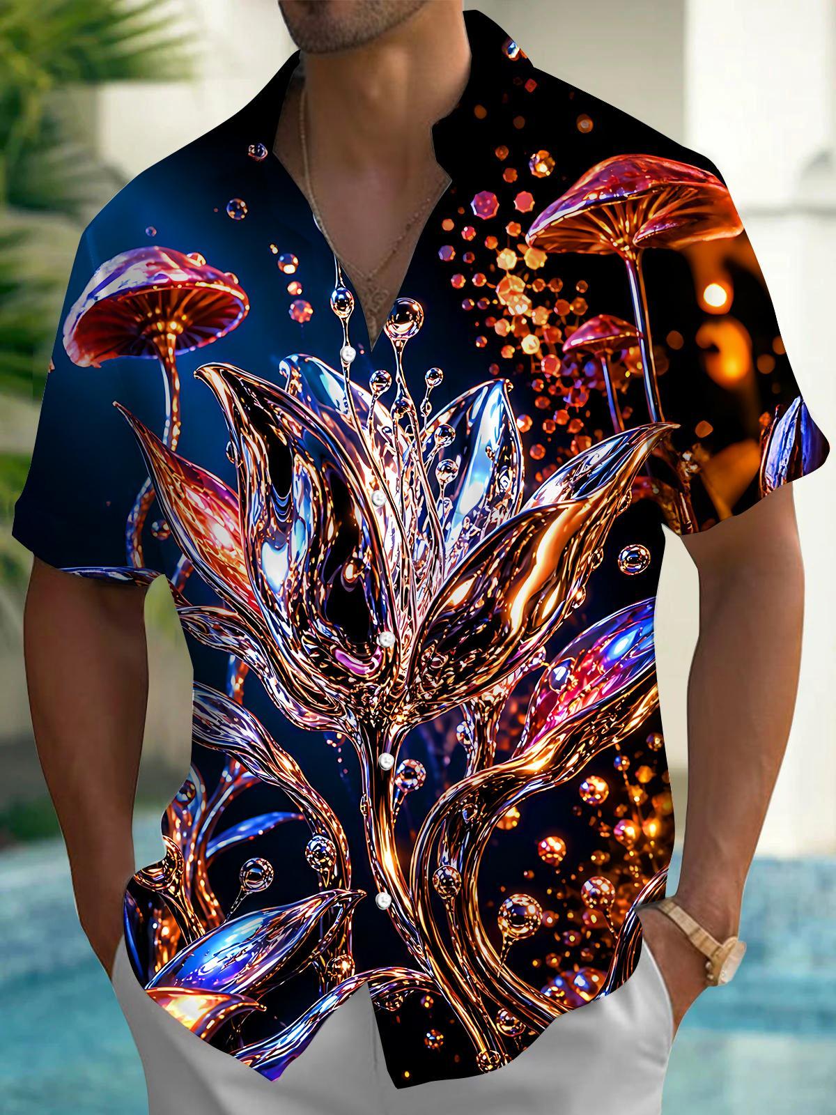 Dark Neon Metallic Glossy Lotus Floral Mushroom Men's Pocket Short Sleeve Shirts