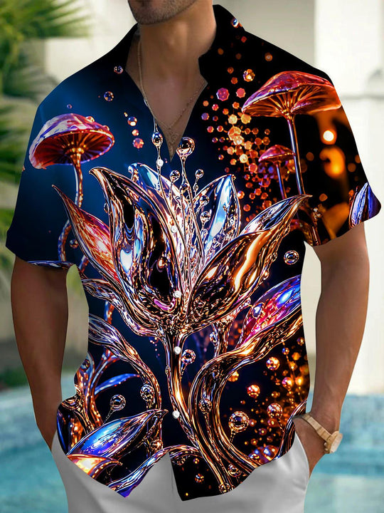 Dark Neon Metallic Glossy Lotus Floral Mushroom Men's Pocket Short Sleeve Shirts