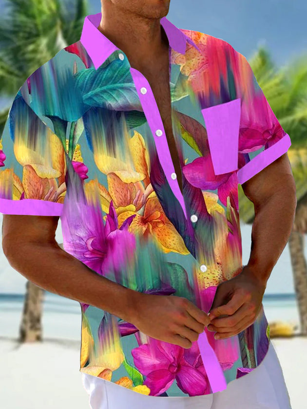 Men's floral short sleeve shirt front view for tropical beach vacation
