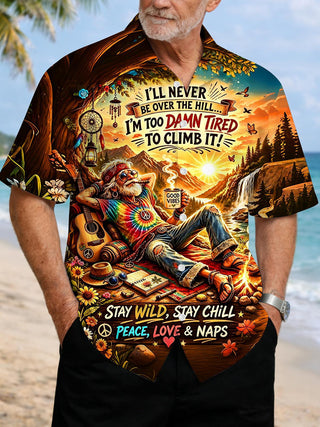 Fun Hippie Camping Forest Sunset Men's Pocket Short Sleeve Shirts