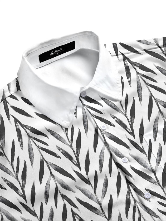 Men's tropical leaf print short sleeve shirt, side view, coastal vacation style
