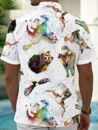 Men's animal print short sleeve pocket shirt back view