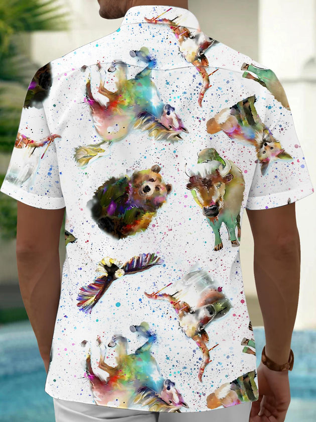 Men's animal print short sleeve pocket shirt back view