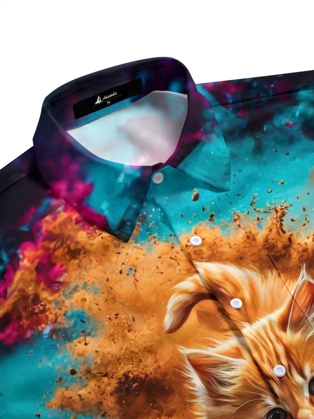 Men's cat print pocket half sleeve shirt side view