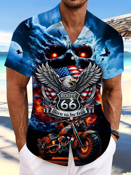 Men's dark skull print short sleeve pocket shirt front view