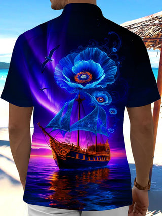 Men's blue flower fantasy sea sailboat pocket short sleeve shirt back view