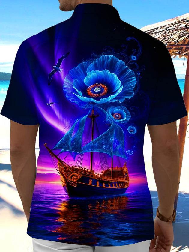 Men's blue flower fantasy sea sailboat pocket short sleeve shirt back view