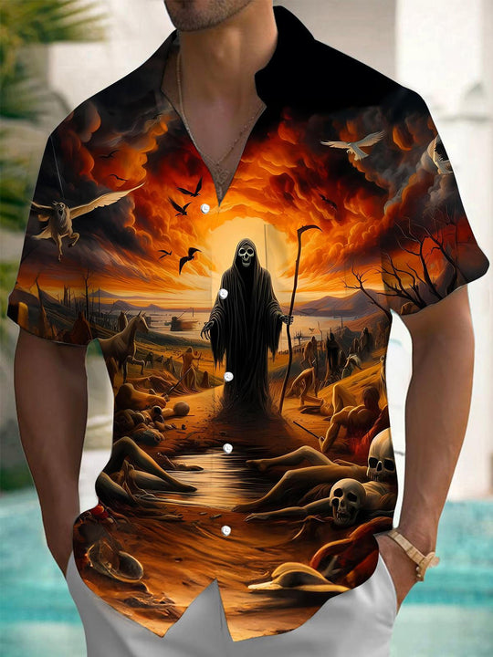 Men's skull print pocket short sleeve shirt front view Halloween costume