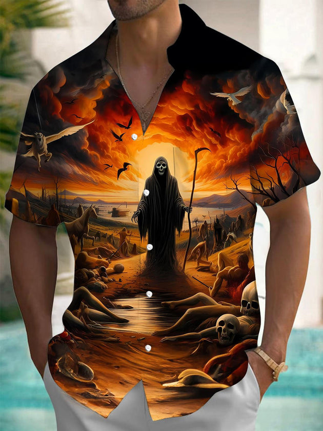 Men's skull print pocket short sleeve shirt front view Halloween costume