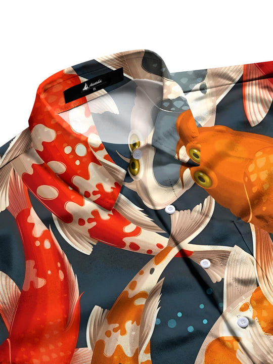 Men's carp print short sleeve shirt close-up detail view