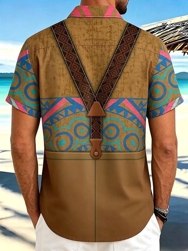 Bohemian Suspender Ethnic Geometric Western Style Men's Pocket Short Sleeve Shirts