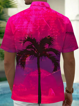 Men's blue Hawaiian print short sleeve shirt back view