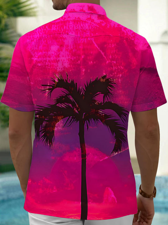 Men's blue Hawaiian print short sleeve shirt back view