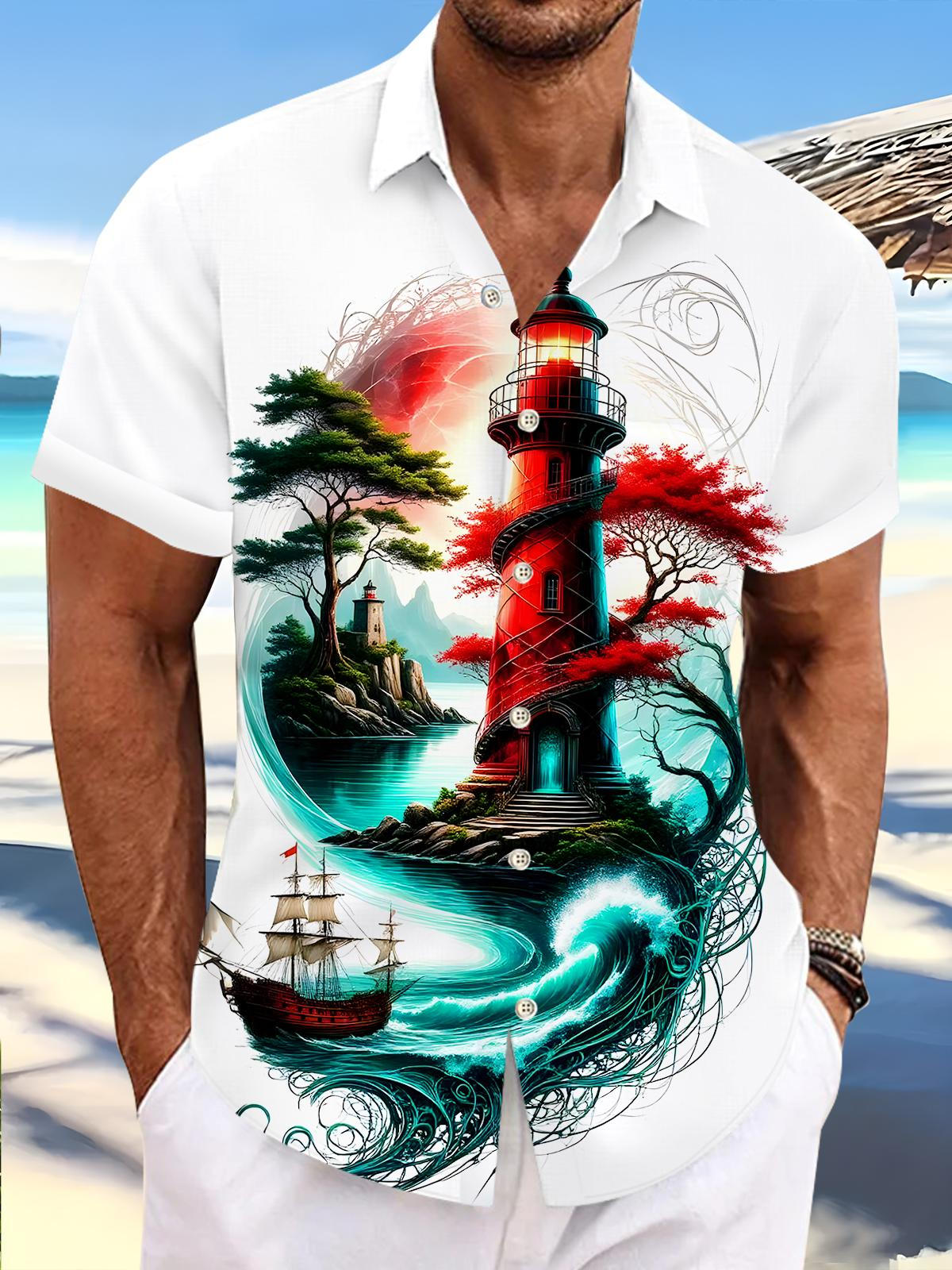 Hawaiian Lighthouse Boat Men's Pocket Short Sleeve Shirts