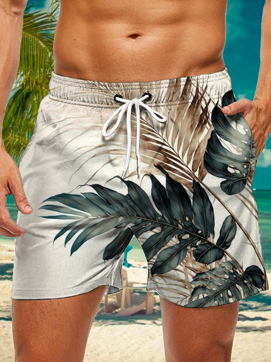 Men's Hawaiian leaf print casual shorts front view for tropical beach vacation