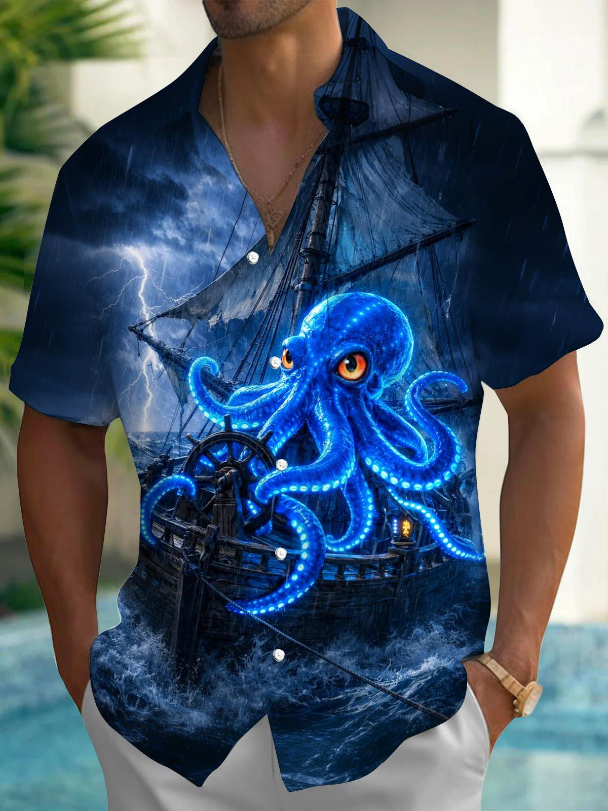 Octopus Print Men's Pocket Short Sleeve Shirts