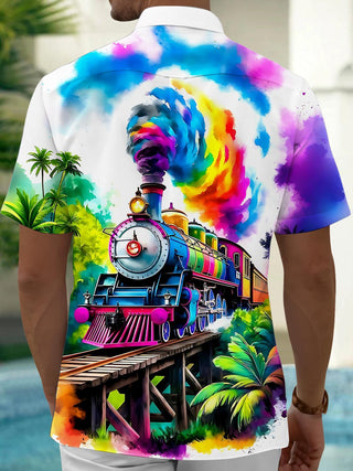 Hawaiian Coconut Tree Train Men's Pocket Short Sleeve Shirts