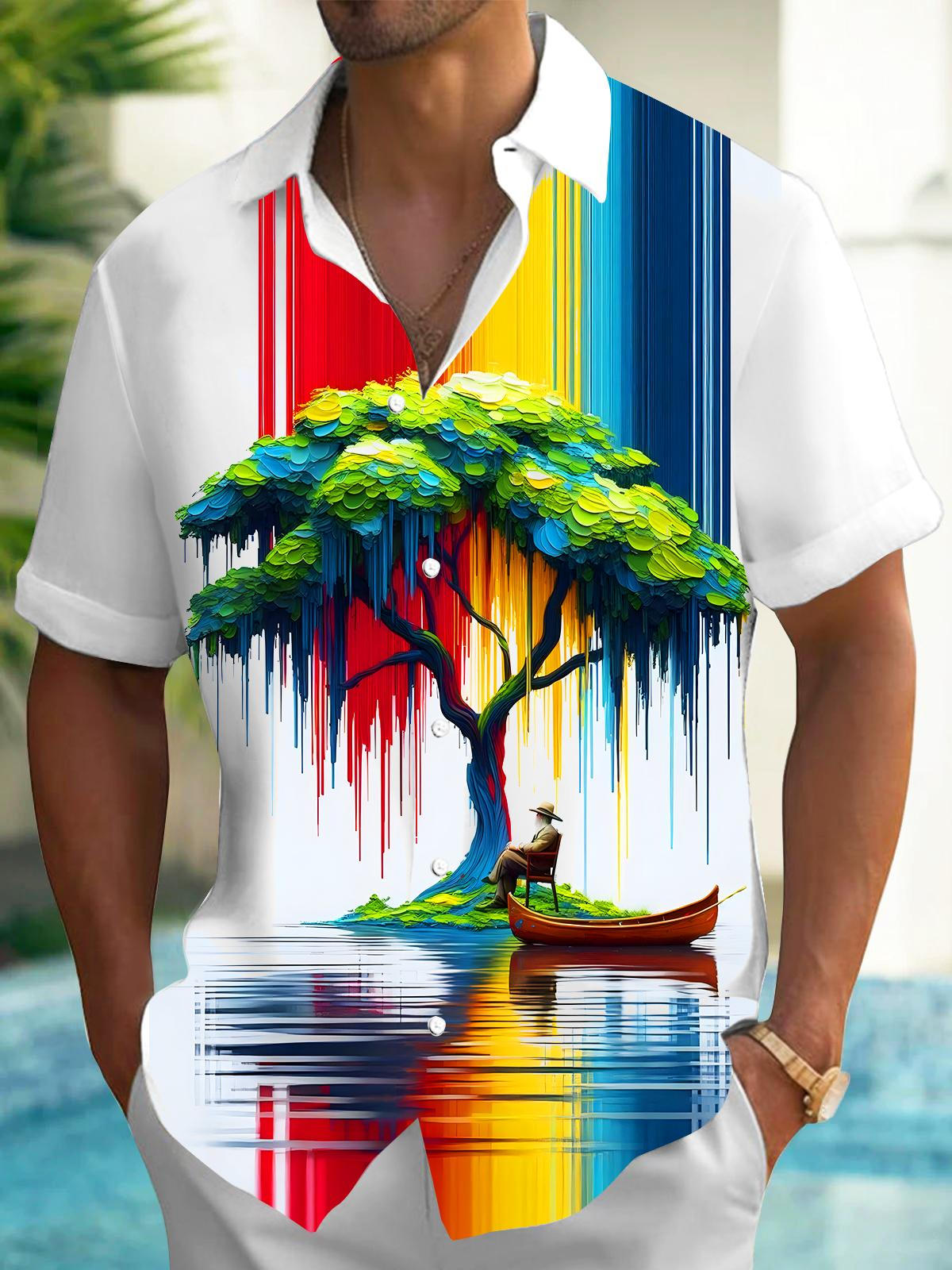 Art Tie Dye Flowing Colorful Tree Boat Men's Pocket Short Sleeve Shirts