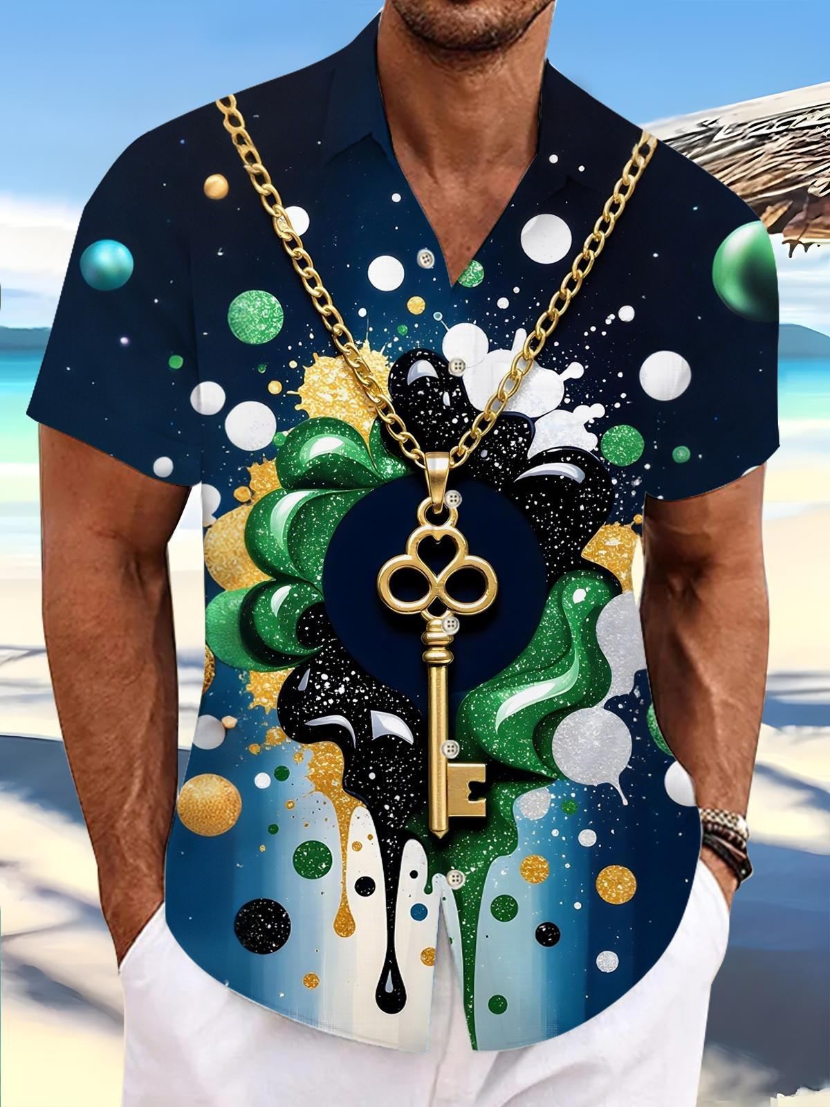 Key Print Men's Pocket Short Sleeve Shirts