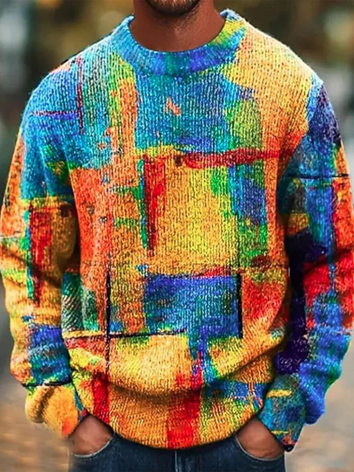 Tie Dye Colorful Geometry Men's Long Sleeve Round Neck Tops