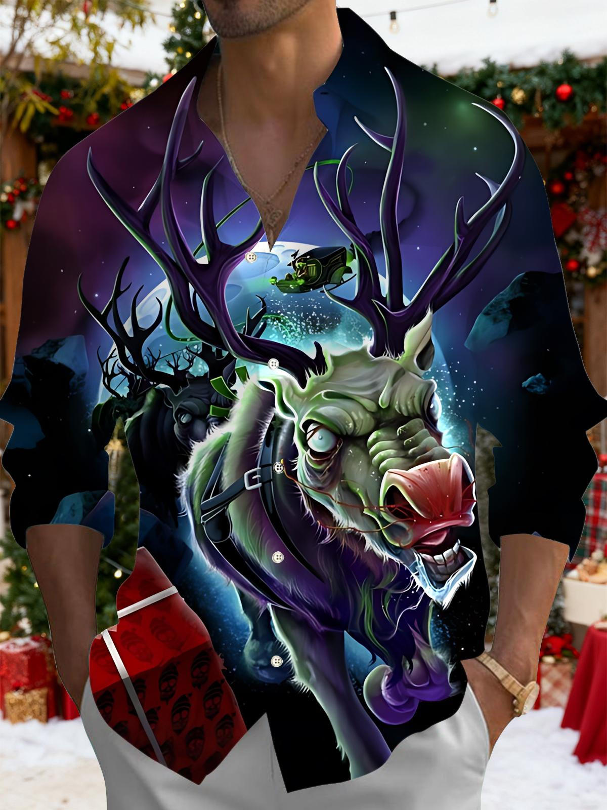 Christmas Reindeer Art Print Men's Pocket Long Sleeve Shirts