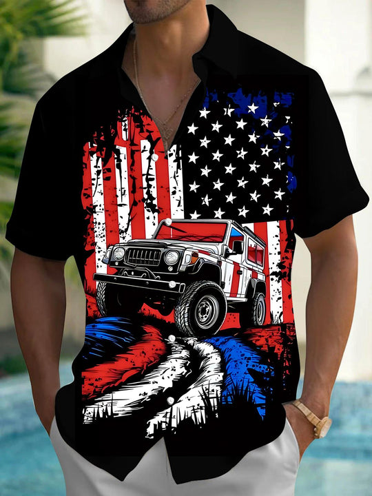 Independence American Flag Jeep Men's Pocket Short Sleeve Shirts