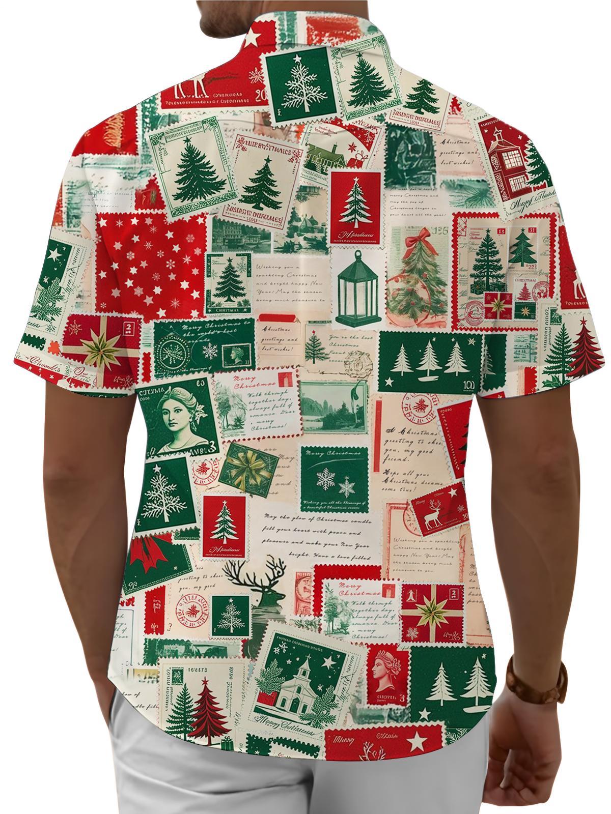 Adaychic Men Christmas Shirt Button Down Vintage Stamp Christmas Print Lapel Collar Button Down Shirts for Beach Vacation Travel sturdy