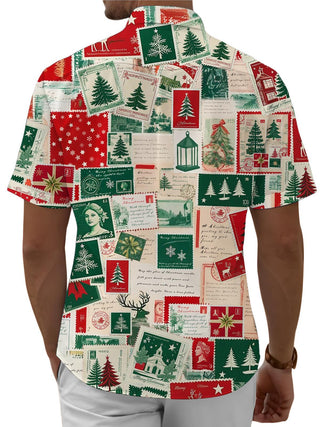Adaychic Men Christmas Shirt Button Down Vintage Stamp Christmas Print Lapel Collar Button Down Shirts for Beach Vacation Travel sturdy