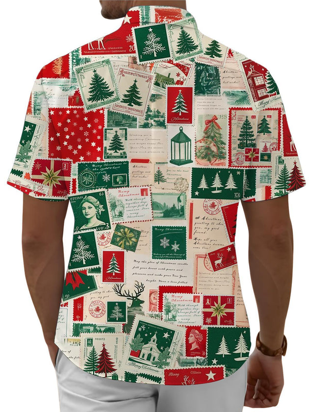 Adaychic Men Christmas Shirt Button Down Vintage Stamp Christmas Print Lapel Collar Button Down Shirts for Beach Vacation Travel sturdy