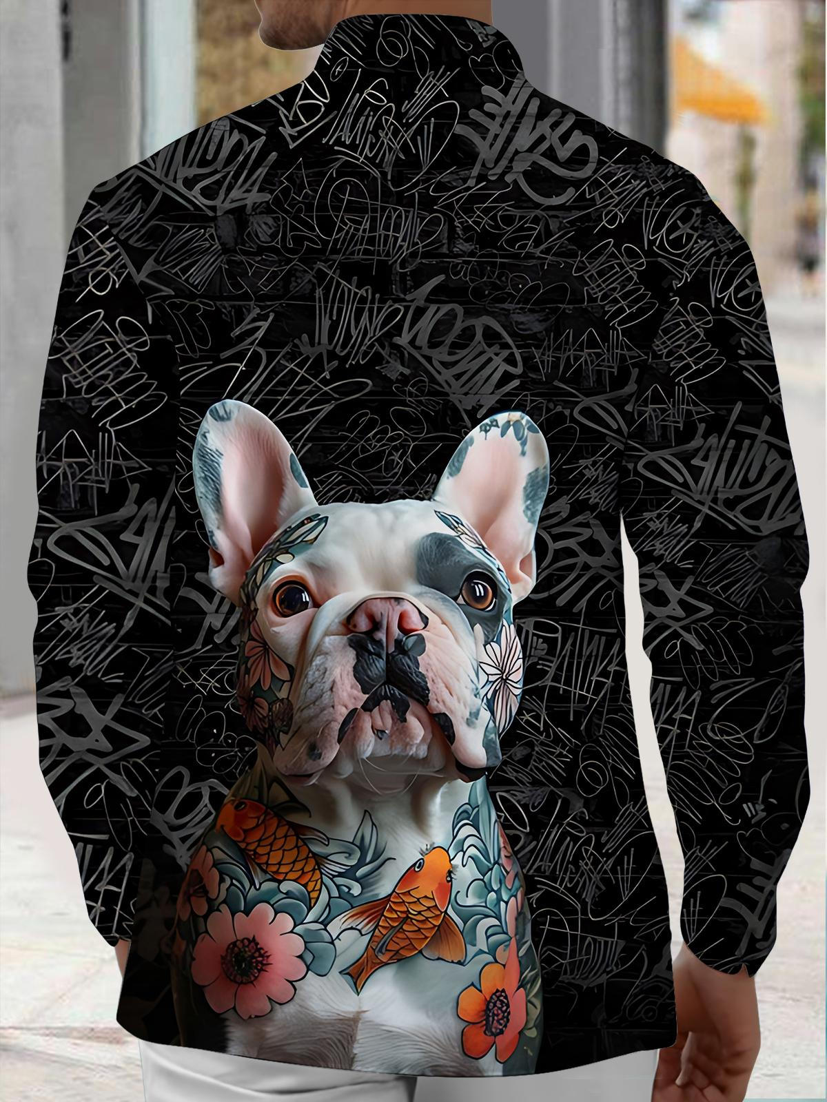 Animal Dog Print Men's Pocket Long Sleeve Shirts