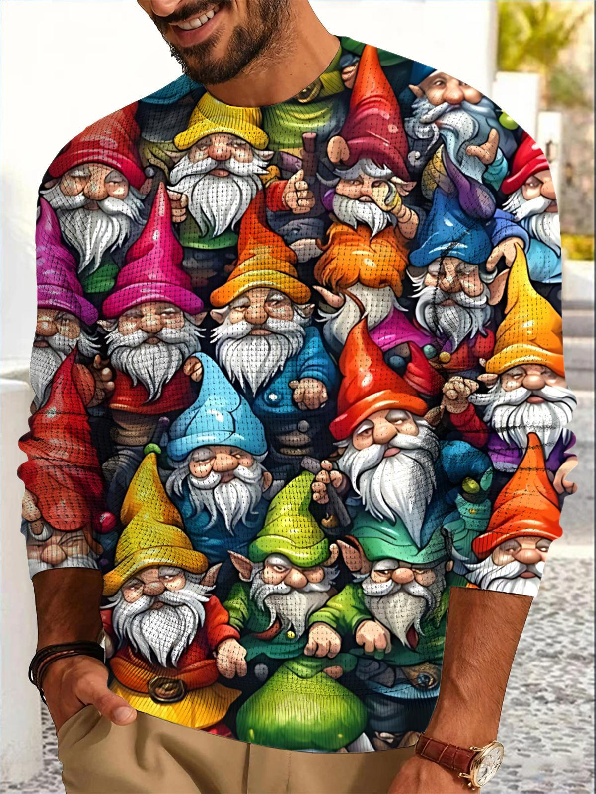 Colorful Gnome Print Men's Long Sleeve Round Neck Tops