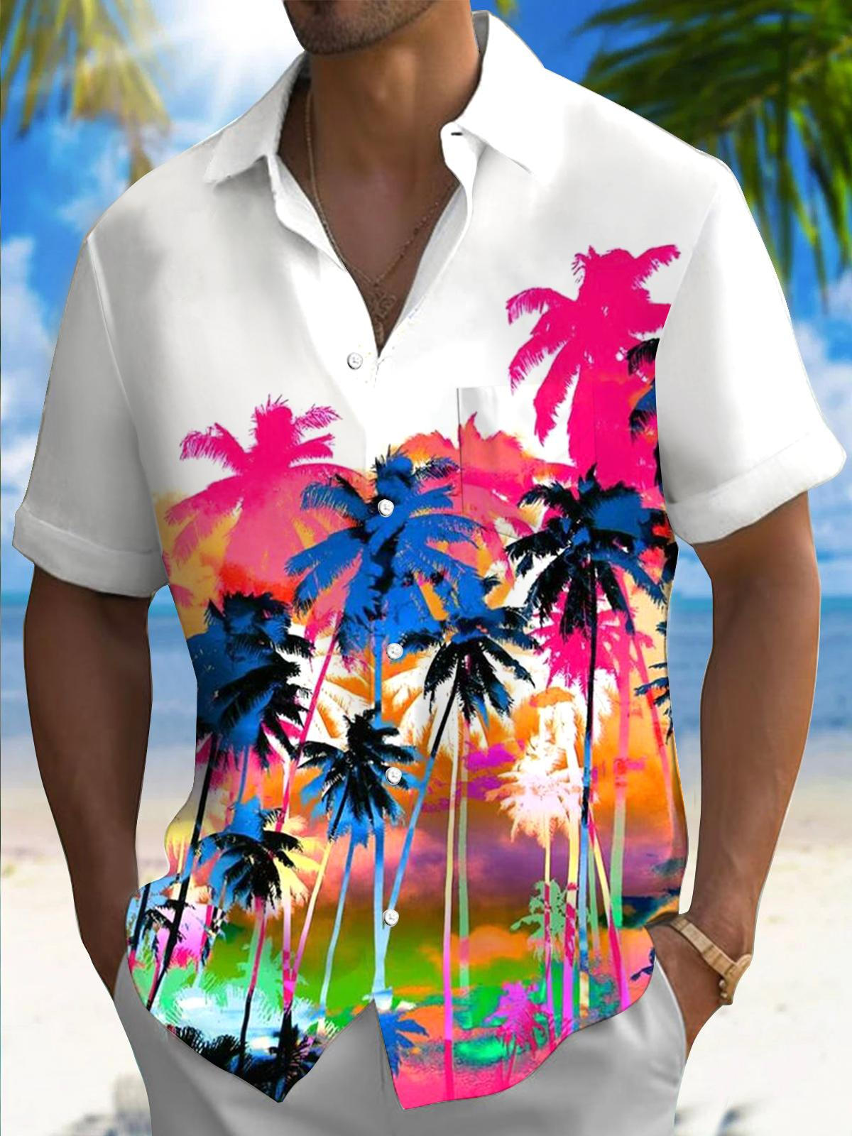 Hawaiian Coconut Tree Print Men's Pocket Short Sleeve Shirts