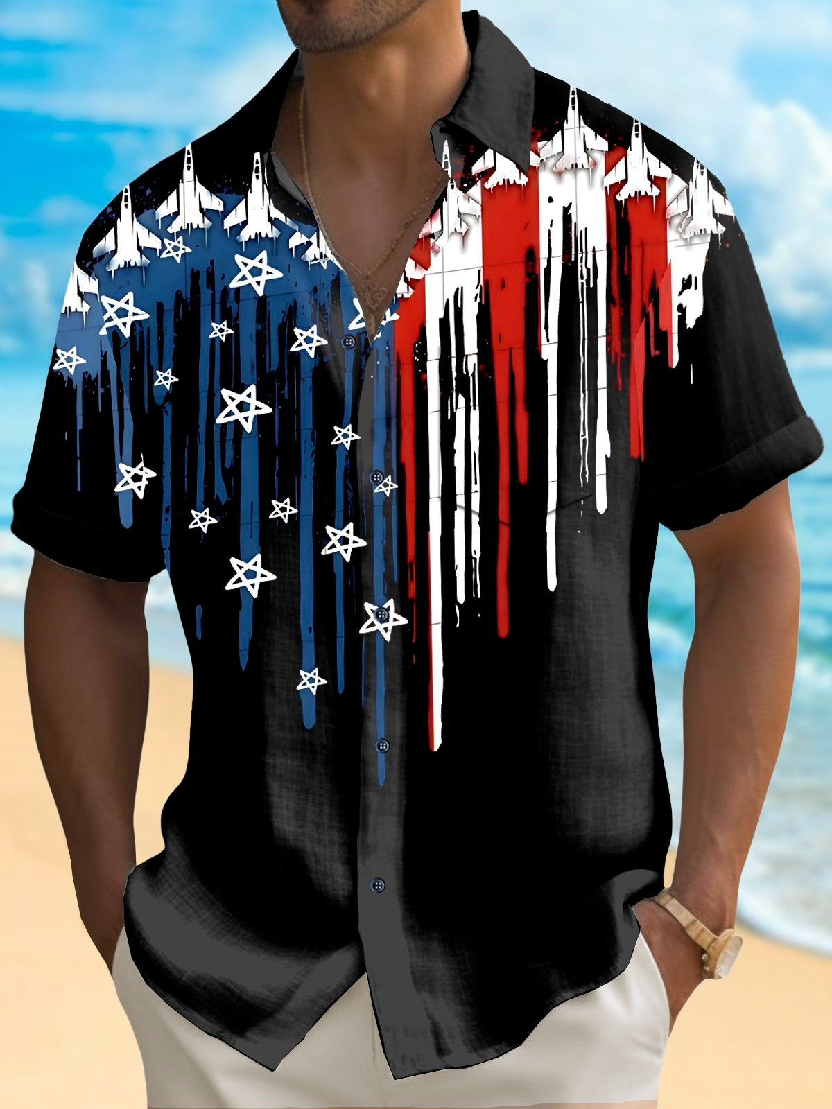 Independence Day American Flag Print Men's Pocket Short Sleeve Shirts