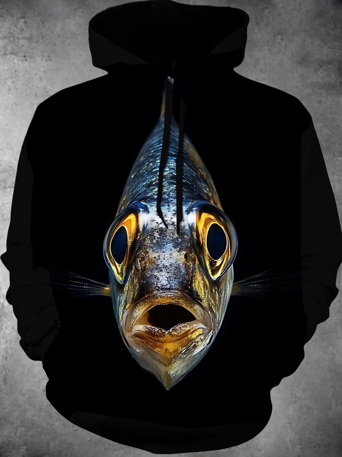 Fish Print Long Sleeve Hooded Pocket Men's Top