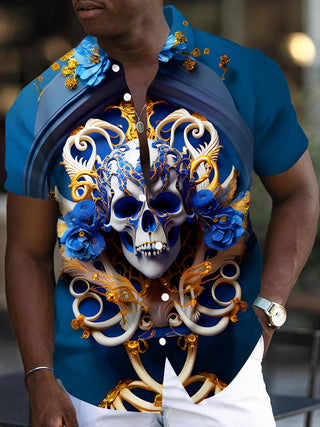 Men's black short sleeve shirt with skull floral art print front view Halloween costume