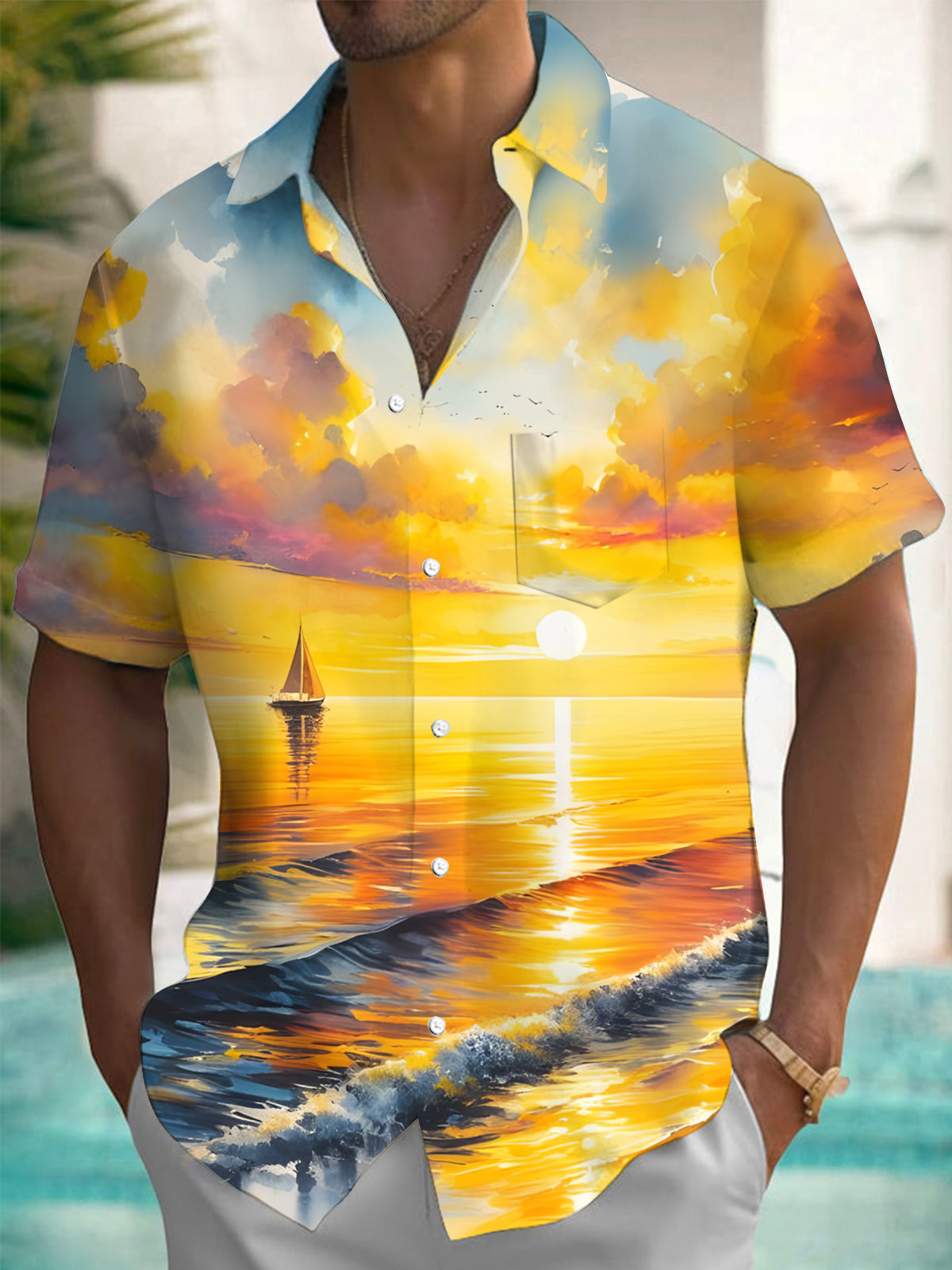 Hawaiian Sunset Seascape Print Men's Pocket Short Sleeve Shirts