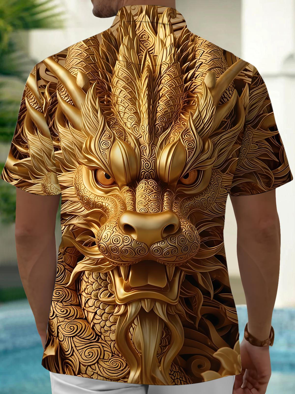 Golden Dragon Print Men's Pocket Short Sleeve Shirts