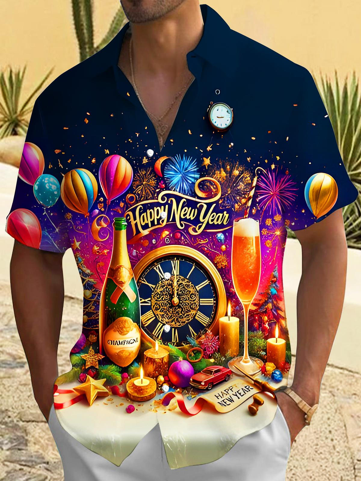 Fun New Year Holiday Celebration Champagne Balloons Clock Men's Pocket Short Sleeve Shirts